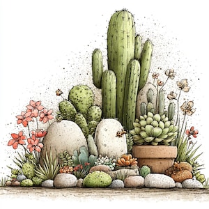 Puede incluir: Ilustraci&oacute;n de una escena des&eacute;rtica con varios cactus, suculentas y flores. La imagen muestra cactus altos y verdes, suculentas redondeadas y flores rosas y naranjas. La escena incluye rocas y una maceta de terracota, todo sobre un fondo blanco.