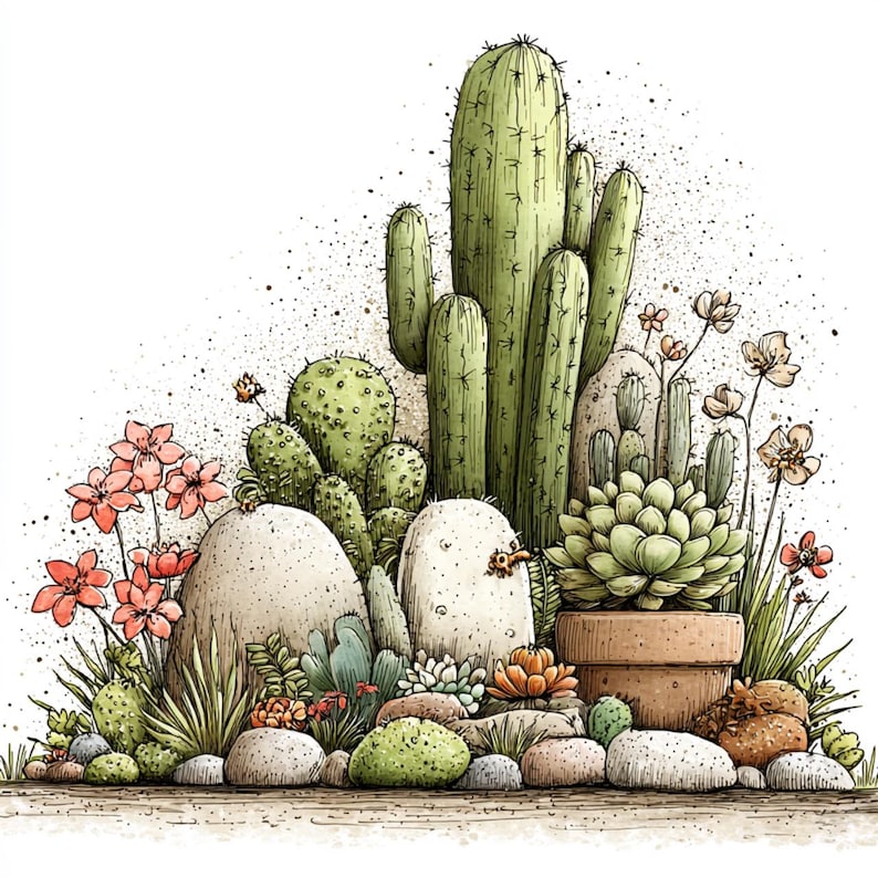 Puede incluir: Ilustraci&oacute;n de una escena des&eacute;rtica con varios cactus, suculentas y flores. La imagen muestra cactus altos y verdes, suculentas redondeadas y flores rosas y naranjas. La escena incluye rocas y una maceta de terracota, todo sobre un fondo blanco.