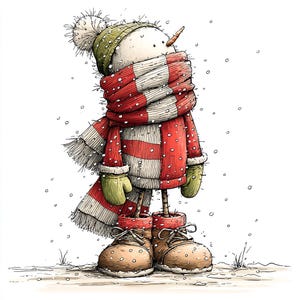 Op de afbeelding: Een grillige illustratie van een sneeuwpop in winterkleding. De sneeuwpop draagt een rood-witte gestreepte sjaal, een groene muts met pompon en bruine laarzen. Sneeuwvlokken vallen, waardoor een gezellige winterse sc&egrave;ne ontstaat.