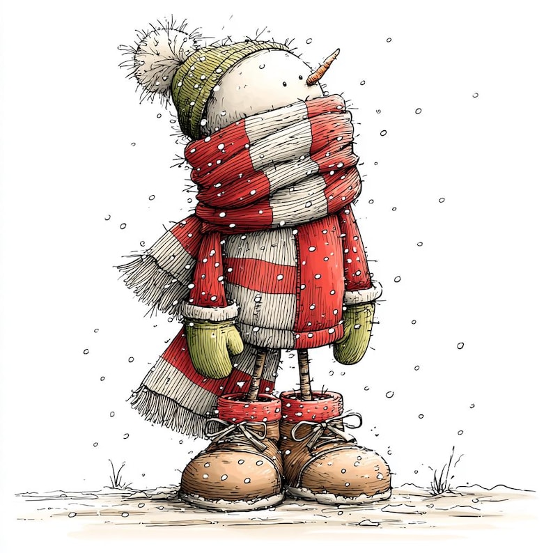 Op de afbeelding: Een grillige illustratie van een sneeuwpop in winterkleding. De sneeuwpop draagt een rood-witte gestreepte sjaal, een groene muts met pompon en bruine laarzen. Sneeuwvlokken vallen, waardoor een gezellige winterse sc&egrave;ne ontstaat.