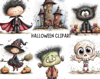 May include: A collection of Halloween clipart featuring a vampire in a red-lined cape, a tall stone castle, a fluffy black cat, a witch on a broomstick, a green monster with stitches, and a skeleton, with the text HALLOWEEN CLIPART.