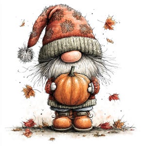 May include: A whimsical illustration of a garden gnome holding a large orange pumpkin. The gnome wears a red hat with snowflake patterns, a red sweater, and brown boots. Autumn leaves are scattered around the gnome.