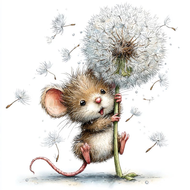 May include: A charming illustration of a mouse clinging to a dandelion. The mouse is depicted with brown fur, pink ears, and a long pink tail. Fluffy dandelion seeds drift around, adding to the whimsical feel. The artwork is detailed and colourful.