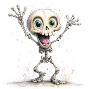 May include: A whimsical illustration of a cartoon skeleton with an oversized head, large green eyes, and a wide open mouth showing a pink tongue. The skeleton has its arms raised in the air, featuring textured, sketchy lines and small pink accents.
