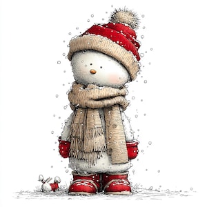 Op de afbeelding: Een grillige illustratie van een sneeuwpop in een winterse sc&egrave;ne. De sneeuwpop draagt een rode gebreide muts met een pompon, een beige sjaal, rode wanten en rode laarzen. Sneeuwvlokken vallen rond de sneeuwpop, en een kleine sneeuwpopfiguur ligt op de grond.