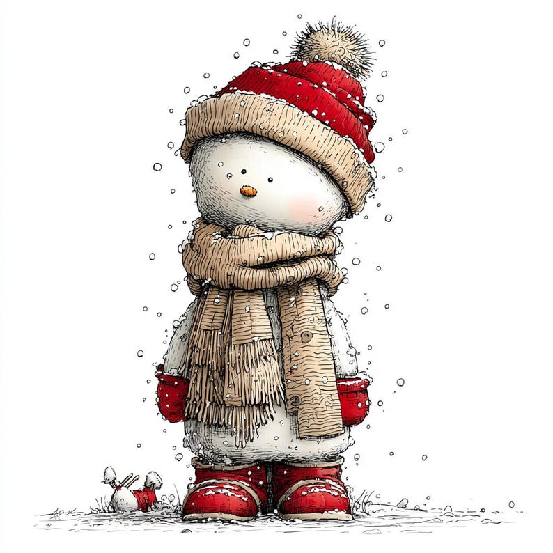 Op de afbeelding: Een grillige illustratie van een sneeuwpop in een winterse sc&egrave;ne. De sneeuwpop draagt een rode gebreide muts met een pompon, een beige sjaal, rode wanten en rode laarzen. Sneeuwvlokken vallen rond de sneeuwpop, en een kleine sneeuwpopfiguur ligt op de grond.