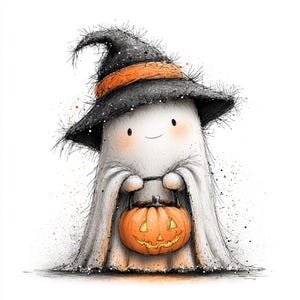 May include: A cute cartoon ghost wearing a witch hat with an orange band and holding an orange jack-o'-lantern. The ghost is white with a smiling face and rosy cheeks. The image has a watercolor style with black outline details.