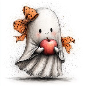 May include: A cute cartoon ghost illustration holding a red apple. The ghost wears a large orange bow with black polka dots. The ghost has rosy cheeks and a smiling expression, perfect for Halloween or fall-themed products.