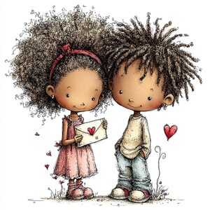 May include: A charming illustration of two children, a girl in a pink dress holding a heart-adorned envelope, and a boy in a light-colored shirt and jeans. Both have dark curly hair. A red heart floats nearby, suggesting a theme of love and affection.