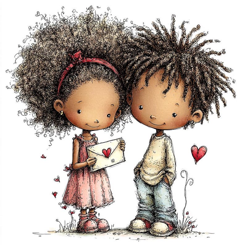 May include: A charming illustration of two children, a girl in a pink dress holding a heart-adorned envelope, and a boy in a light-colored shirt and jeans. Both have dark curly hair. A red heart floats nearby, suggesting a theme of love and affection.