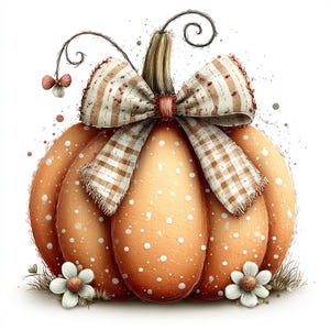 May include: An orange pumpkin with white polka dots, adorned with a large plaid bow. The pumpkin has a stem with curly vines and is decorated with two white flowers with brown centers, evoking a fall harvest theme.