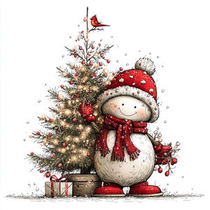 Op de afbeelding: Een grillige illustratie van een sneeuwpop met een rode hoed en sjaal, naast een versierde kerstboom. De boom is versierd met lichtjes en ornamenten, bekroond door een rode vogel. Een ingepakt cadeau staat aan de voet van de boom.