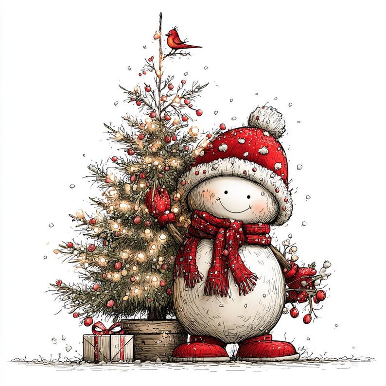 Op de afbeelding: Een grillige illustratie van een sneeuwpop met een rode hoed en sjaal, naast een versierde kerstboom. De boom is versierd met lichtjes en ornamenten, bekroond door een rode vogel. Een ingepakt cadeau staat aan de voet van de boom.