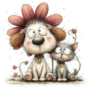 Può includere: Illustrazione stravagante di un cane e un gatto. Il cane ha un grande fiore sulla testa e il gatto è grigio. Entrambi gli animali hanno grandi occhi e sono seduti insieme. Fiori rosa e steli verdi sullo sfondo.