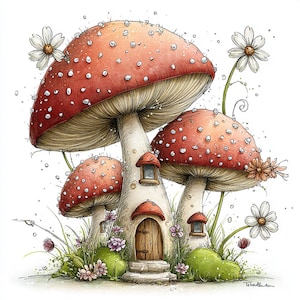 May include: Watercolor illustration of a whimsical mushroom house with red and white spotted caps. The house has a wooden door, windows, and is surrounded by flowers and greenery. The artwork has a fairytale theme.
