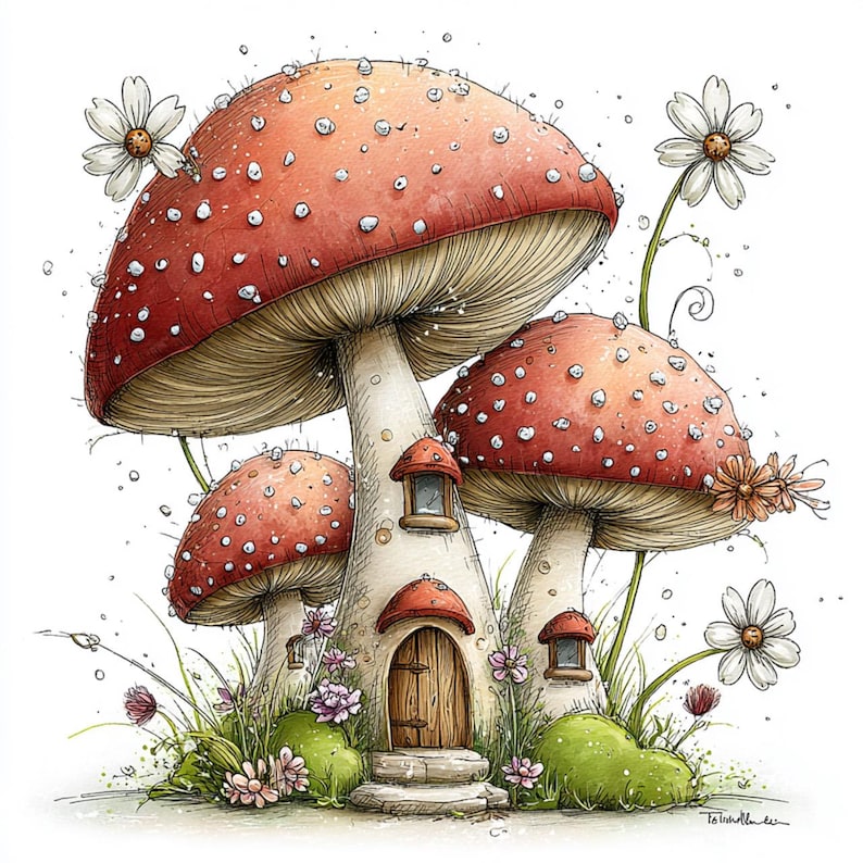 May include: Watercolor illustration of a whimsical mushroom house with red and white spotted caps. The house has a wooden door, windows, and is surrounded by flowers and greenery. The artwork has a fairytale theme.