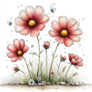 Puede incluir: Ilustraci&oacute;n en acuarela de flores de cosmos rosas con centros amarillos, tallos verdes y peque&ntilde;as mariposas azules. Las flores est&aacute;n en varias etapas de floraci&oacute;n, con algunos capullos y peque&ntilde;as flores blancas en la base. La obra de arte tiene un estilo suave y art&iacute;stico.