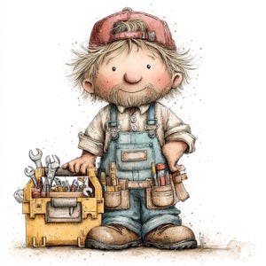 May include: A watercolour illustration of a cartoon handyman. The character wears a red cap, a white shirt, blue overalls, and brown work boots. A yellow toolbox filled with tools is at the character's side.