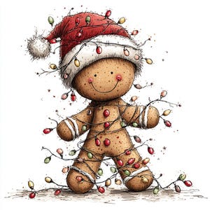 Könnte beinhalten: Eine skurrile Illustration eines Lebkuchenmannes mit Weihnachtsmütze und Lichterkette. Der Lebkuchenmann ist braun mit weißen Zuckergussdetails und einem lächelnden Gesicht. Die Lichter sind rot, grün und gelb und schaffen eine festliche Weihnachtsszene.