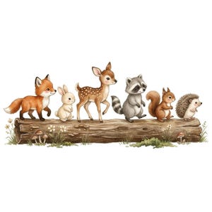 Pode incluir: Uma ilustração em aguarela de uma raposa, um coelho, um cervo, um guaxinim, um esquilo e um ouriço em cima de um tronco castanho. O tronco está decorado com pequenas plantas verdes, erva e cogumelos minúsculos, sobre um fundo branco.