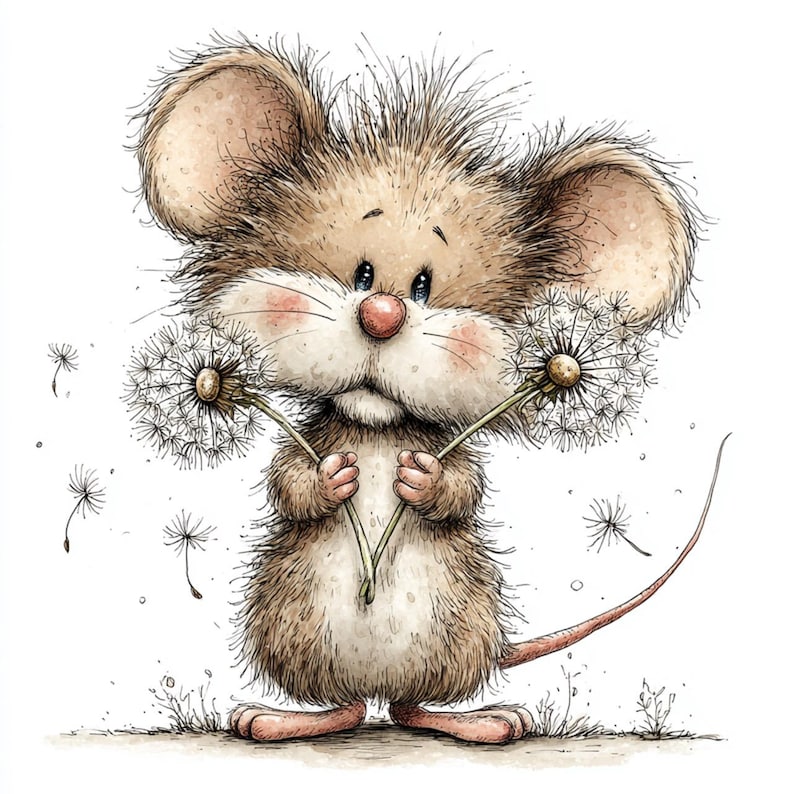 May include: A charming illustration of a mouse holding two dandelion clocks. The mouse is depicted with brown fur, large ears, and a pink nose and cheeks. Floating dandelion seeds add to the whimsical nature of the image.