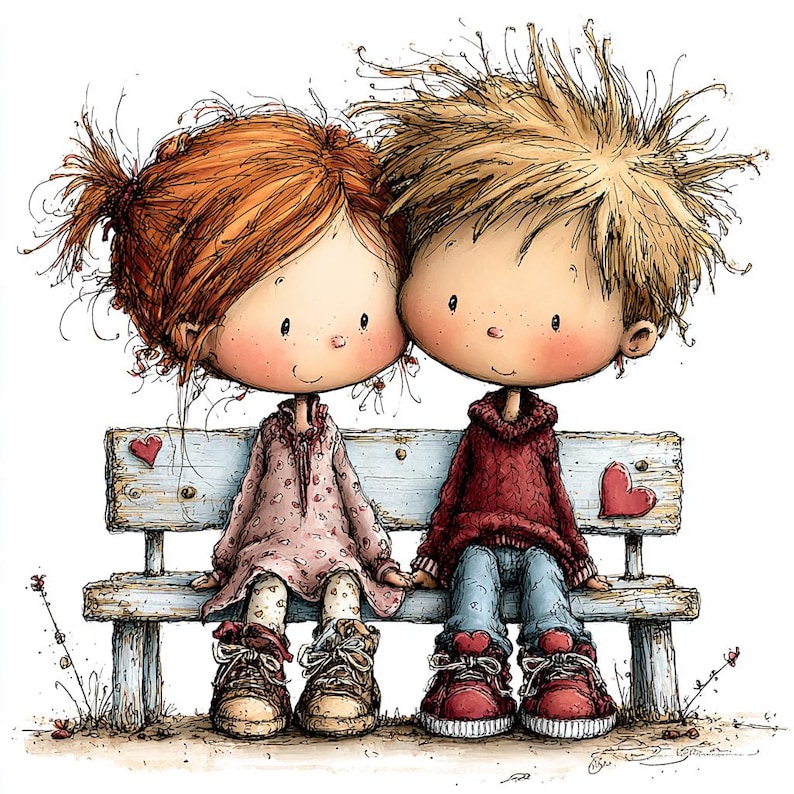 May include: A whimsical illustration of two cartoon children sitting close together on a weathered bench. The girl wears a pink dress and the boy a red sweater and blue jeans. Both have rosy cheeks and are holding hands. Red hearts are on the bench.