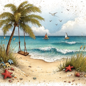 Könnte beinhalten: Aquarellmalerei einer tropischen Strandszene. Eine Palme mit einer Holzschaukel hängt über dem Sand. Der türkisfarbene Ozean hat Wellen und Segelboote. Rote Seesterne und Muscheln sind am Strand verstreut. Möwen fliegen am Himmel.