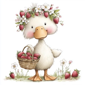 May include: A charming illustration of a white duck wearing a floral and strawberry crown, holding a basket of strawberries. The duck has a yellow beak and pink cheeks, standing in a grassy area with strawberries and flowers.