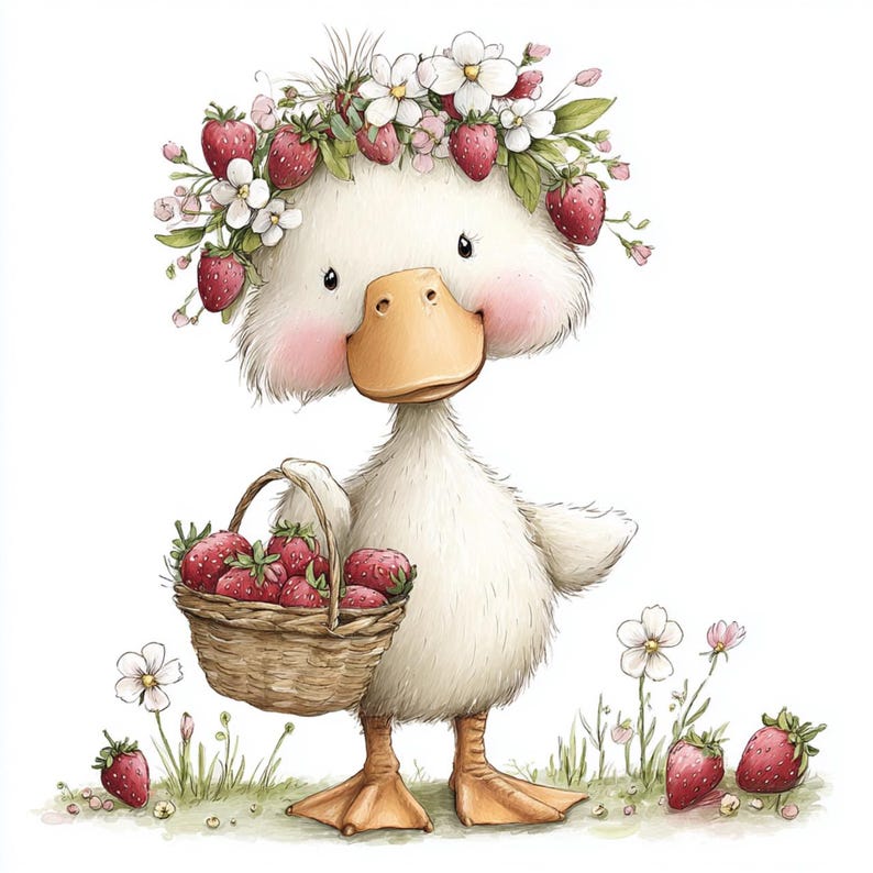 May include: A charming illustration of a white duck wearing a floral and strawberry crown, holding a basket of strawberries. The duck has a yellow beak and pink cheeks, standing in a grassy area with strawberries and flowers.