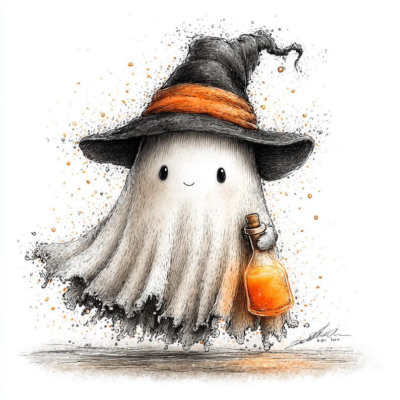 May include: A whimsical illustration of a ghost wearing a black witch hat with an orange band. The ghost is holding a bottle of orange liquid. The artwork has a watercolor effect with splashes of orange and gold, perfect for Halloween.