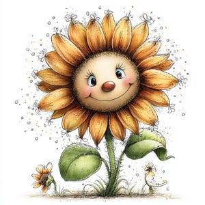 May include: A whimsical illustration of a smiling sunflower with a friendly face, orange petals, and a green stem with leaves. The artwork features a smaller sunflower and a tiny character, all set against a white background with scattered dots.