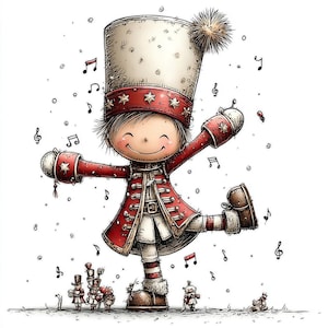 May include: A whimsical illustration of a dancing toy soldier in a red and white uniform with a tall hat. The soldier is surrounded by musical notes and small figures, creating a festive and cheerful scene. The artwork has a hand-drawn style.