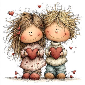 May include: A whimsical illustration of two cartoon figures, a girl and a boy, holding red heart-shaped objects. The girl wears a pink dress, and the boy wears a sweater and blue pants. Red hearts float around them, creating a Valentine's Day theme.