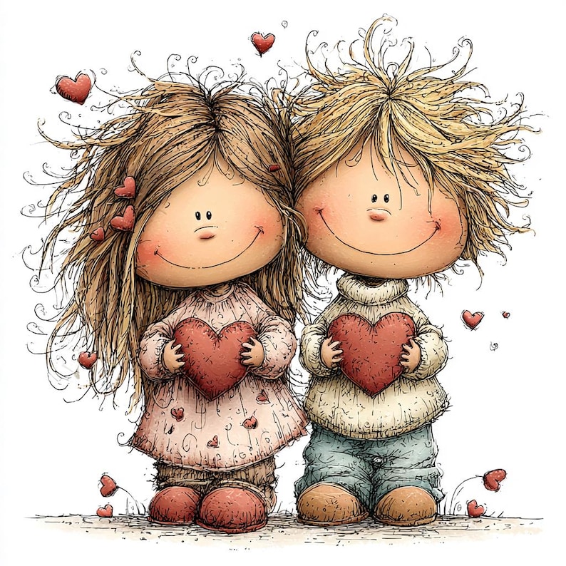 May include: A whimsical illustration of two cartoon figures, a girl and a boy, holding red heart-shaped objects. The girl wears a pink dress, and the boy wears a sweater and blue pants. Red hearts float around them, creating a Valentine's Day theme.