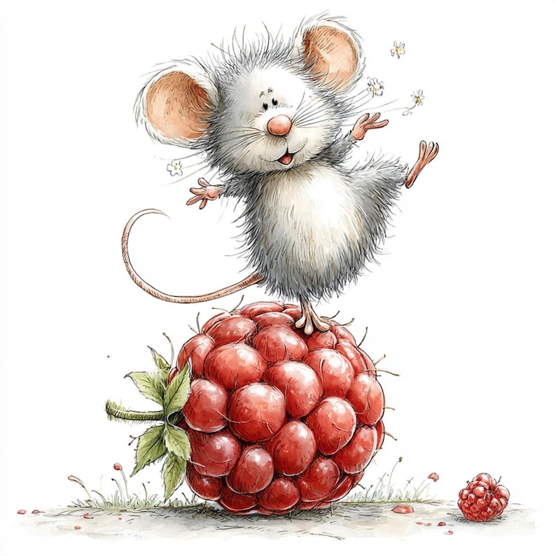 May include: A whimsical illustration of a gray mouse balancing on a large red raspberry. The mouse has a white belly, pink nose, and large ears. Small white flowers float around the mouse. The raspberry is detailed with many small red spheres.