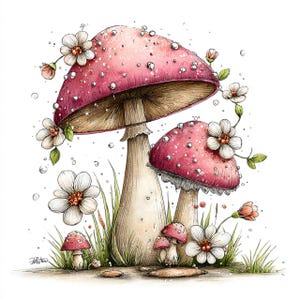 May include: Watercolor illustration of several mushrooms with pink caps and white spots. White flowers and green grass surround the mushrooms. The image has a whimsical, fairytale aesthetic.