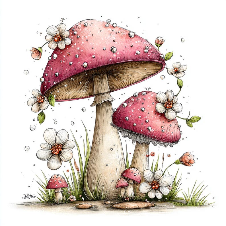 May include: Watercolor illustration of several mushrooms with pink caps and white spots. White flowers and green grass surround the mushrooms. The image has a whimsical, fairytale aesthetic.