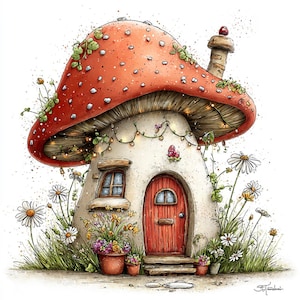 May include: Watercolor illustration of a whimsical mushroom house with a red cap dotted with white spots. The house has a cream-colored body, a red door, and a chimney. Daisies and other flowers surround the house, with string lights adding a magical touch.