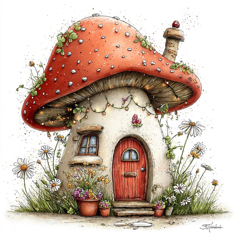 May include: Watercolor illustration of a whimsical mushroom house with a red cap dotted with white spots. The house has a cream-colored body, a red door, and a chimney. Daisies and other flowers surround the house, with string lights adding a magical touch.