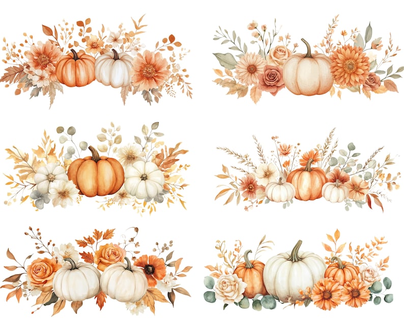 Watercolor Pumpkin & Floral Clipart Bundle: Autumn PNG Graphics ...
