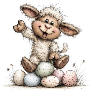 May include: A cartoon illustration of a fluffy sheep character with a smiling face, sitting atop a pile of speckled Easter eggs. The sheep is light brown and white, with large ears and a friendly expression. The eggs are pastel colors.