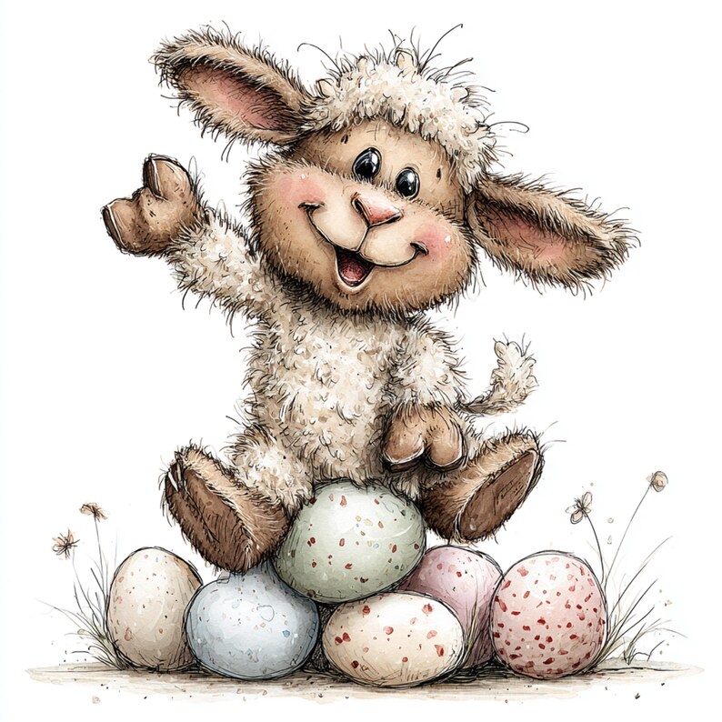 May include: A cartoon illustration of a fluffy sheep character with a smiling face, sitting atop a pile of speckled Easter eggs. The sheep is light brown and white, with large ears and a friendly expression. The eggs are pastel colors.