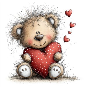 Puede incluir: Un lindo oso de peluche de dibujos animados con pelaje marrón claro, sosteniendo un corazón rojo con lunares blancos. El oso tiene una cara sonriente con mejillas rosadas y tres corazones rojos flotando encima. Una ilustración caprichosa.