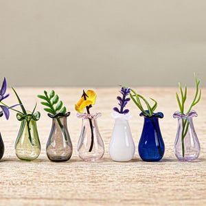 Peut inclure: Une collection de petits vases en verre, chacun contenant une petite fleur ou de la verdure différente. Les vases sont de différentes couleurs, dont transparent, bleu, noir et violet. L'arrangement est posé sur une surface en bois clair.