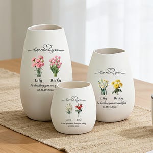 Jarrón personalizado para el jardín de la abuela, regalo de flores de cerámica para cumpleaños de mamá o novia, jarrón minimalista con flores de nacimiento, regalo de aniversario de compromiso.