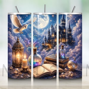 May include: A cylindrical tumbler featuring a fantasy scene with a white owl, a glowing full moon, a dark castle, an open book, a lit candle in a lantern, and glass potion bottles. The design includes swirling colorful magic and starry clouds.