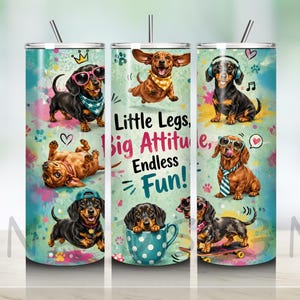May include: A cylindrical stainless steel tumbler featuring a colorful watercolor background with multiple illustrations of dachshund dogs in various outfits and poses. The text "Little Legs, Big Attitude, Endless Fun!" is printed in the center.