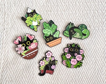 Floral Cat Enamel Pins, Black Cat Brooch for Canvas Bags, Backpacks, Lanyards, Accessary for Cat Lovers, Plant Lady and Cat person Gift