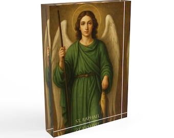 St. Raphael Archangel Acrylic Block | Catholic Desk Decor, Healing Art (5x7 inches)