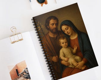 Cuaderno de espiral de la Sagrada Familia / Diario católico, 118 páginas, encuadernación metálica, bolsillo para documentos.